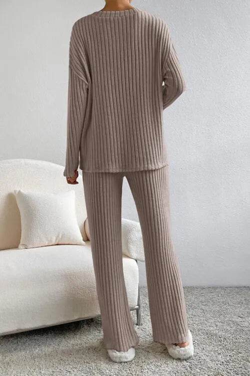 Ribbed V-Neck Top and Pants Set - Bona Fide Fashion