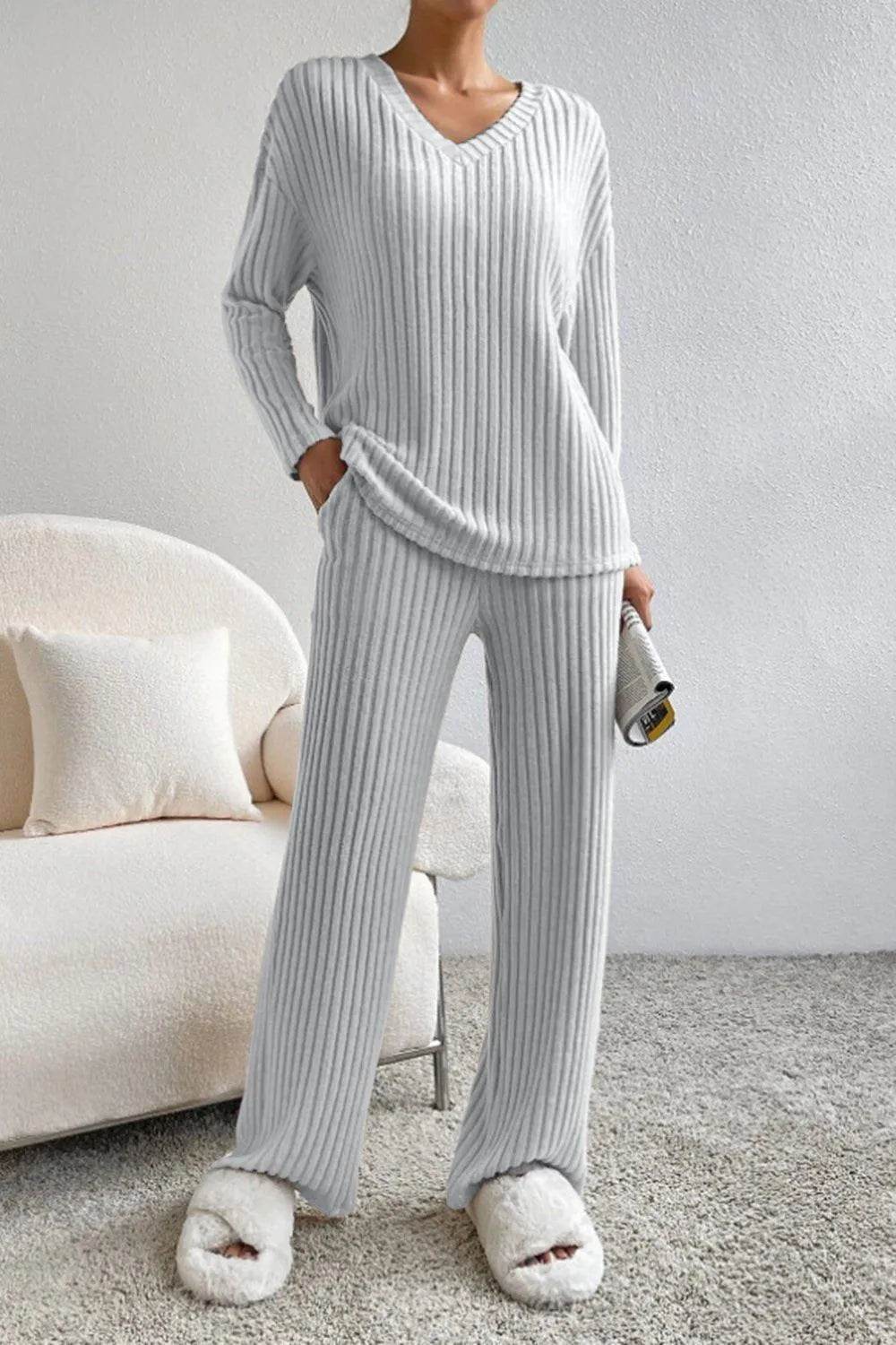 Ribbed V-Neck Top and Pants Set - Bona Fide Fashion