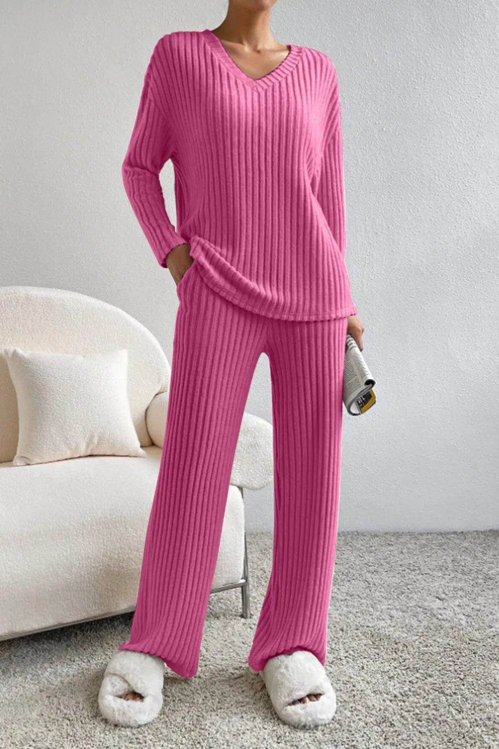 Ribbed V-Neck Top and Pants Set - Bona Fide Fashion