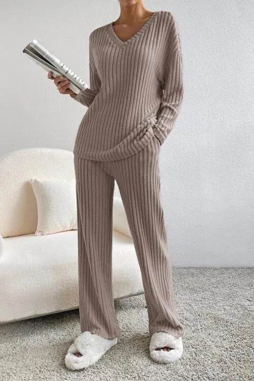 Ribbed V-Neck Top and Pants Set - Bona Fide Fashion