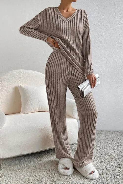 Ribbed V-Neck Top and Pants Set - Bona Fide Fashion