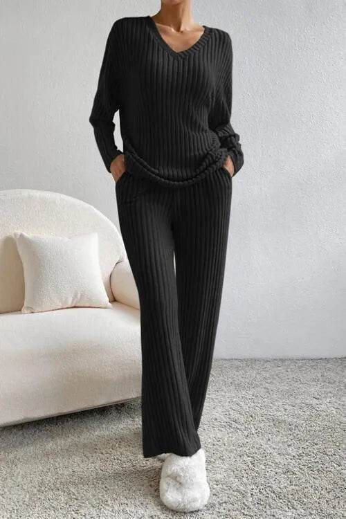 Ribbed V-Neck Top and Pants Set - Bona Fide Fashion