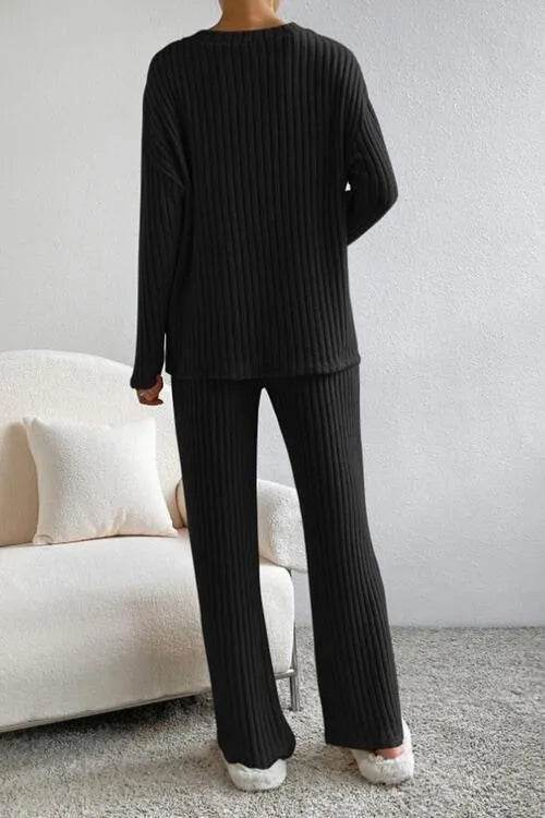 Ribbed V-Neck Top and Pants Set - Bona Fide Fashion