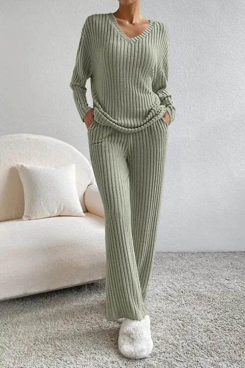 Ribbed V-Neck Top and Pants Set - Bona Fide Fashion