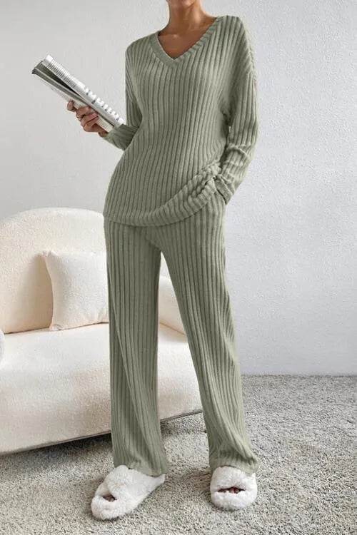 Ribbed V-Neck Top and Pants Set - Bona Fide Fashion