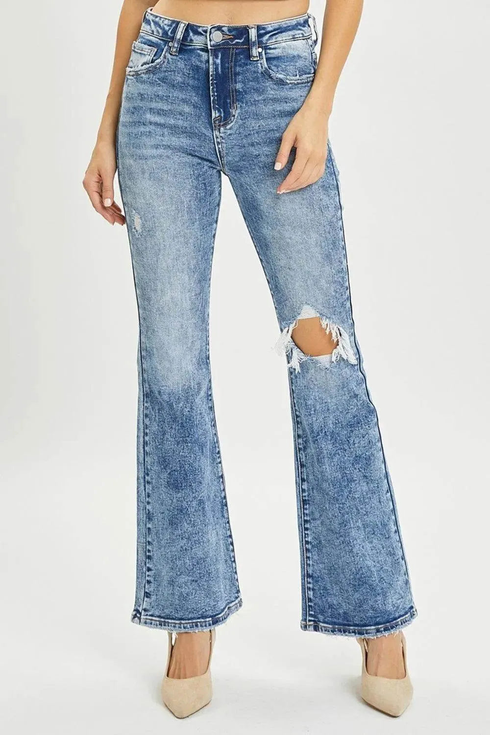 RISEN Full Size High Rise Distressed Flare Jeans - Bona Fide Fashion