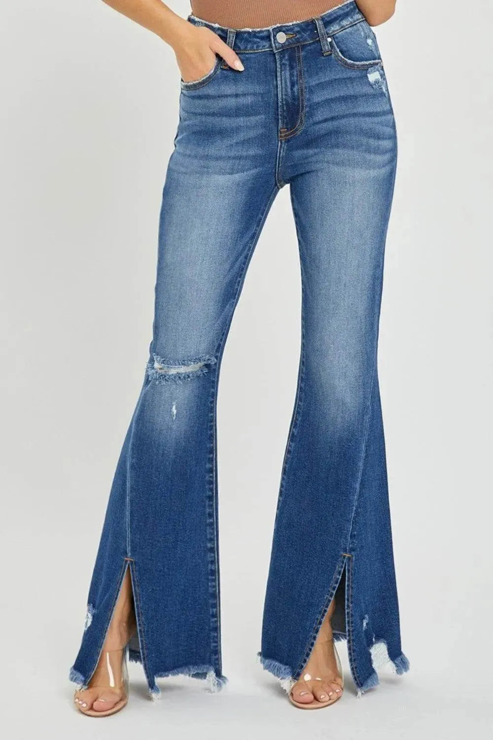 RISEN Full Size High Rise Front Slit Frayed Hem Flare Jeans - Bona Fide Fashion