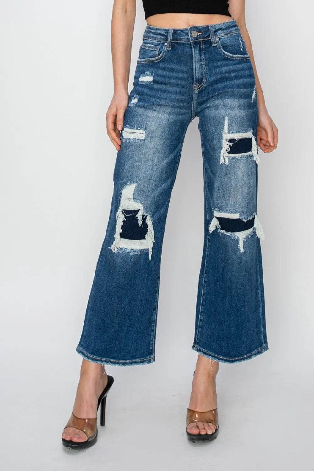 Risen Full Size High Rise Patch Detailed Wide Leg Crop Jeans - Bona Fide Fashion