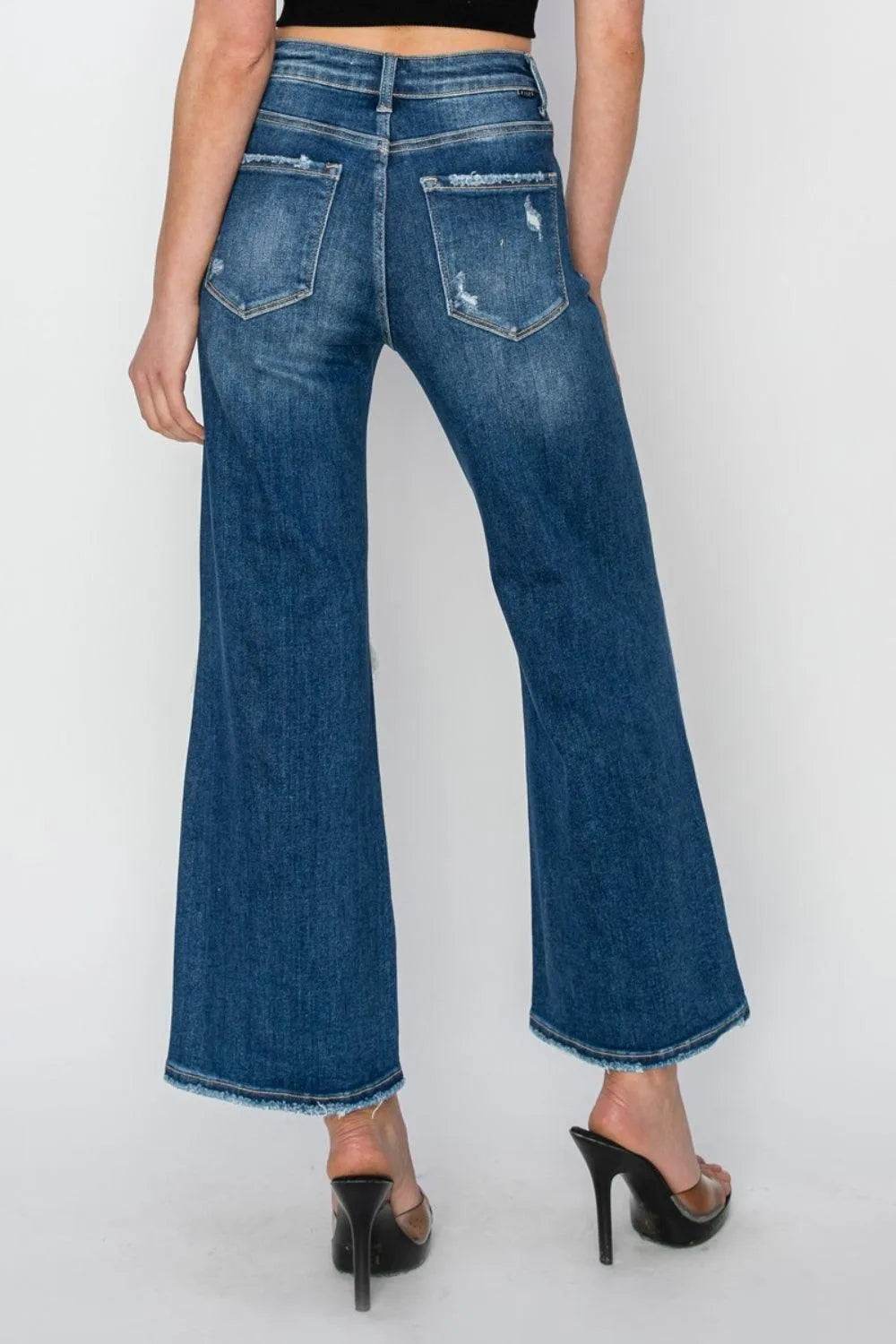 Risen Full Size High Rise Patch Detailed Wide Leg Crop Jeans - Bona Fide Fashion