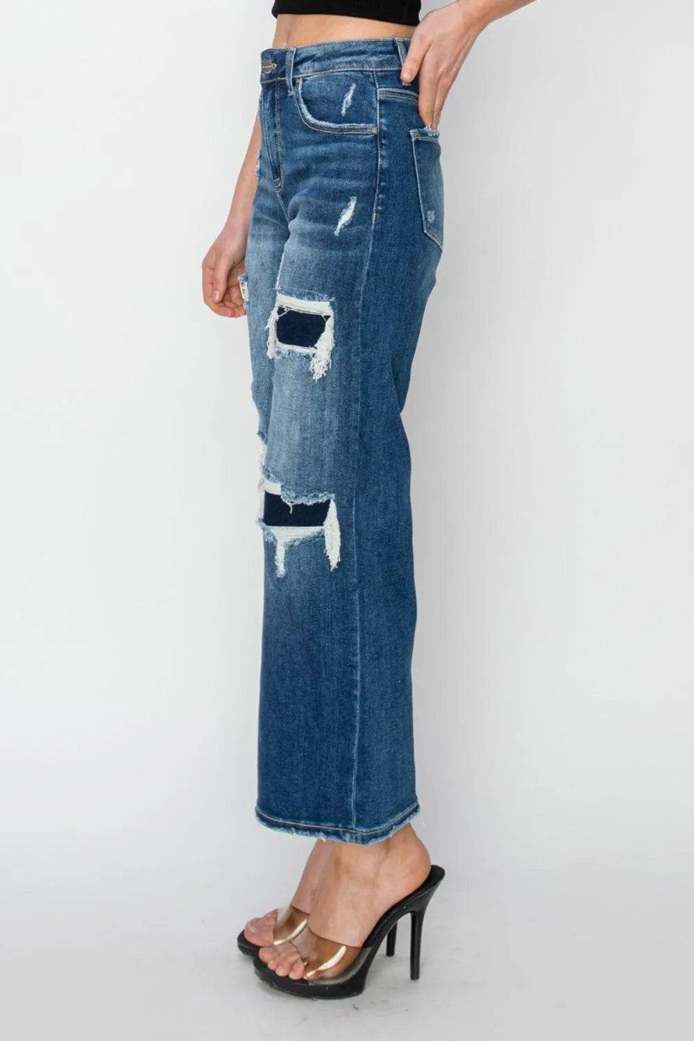Risen Full Size High Rise Patch Detailed Wide Leg Crop Jeans - Bona Fide Fashion
