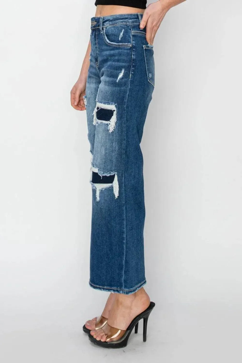 Risen Full Size High Rise Patch Detailed Wide Leg Crop Jeans - Bona Fide Fashion