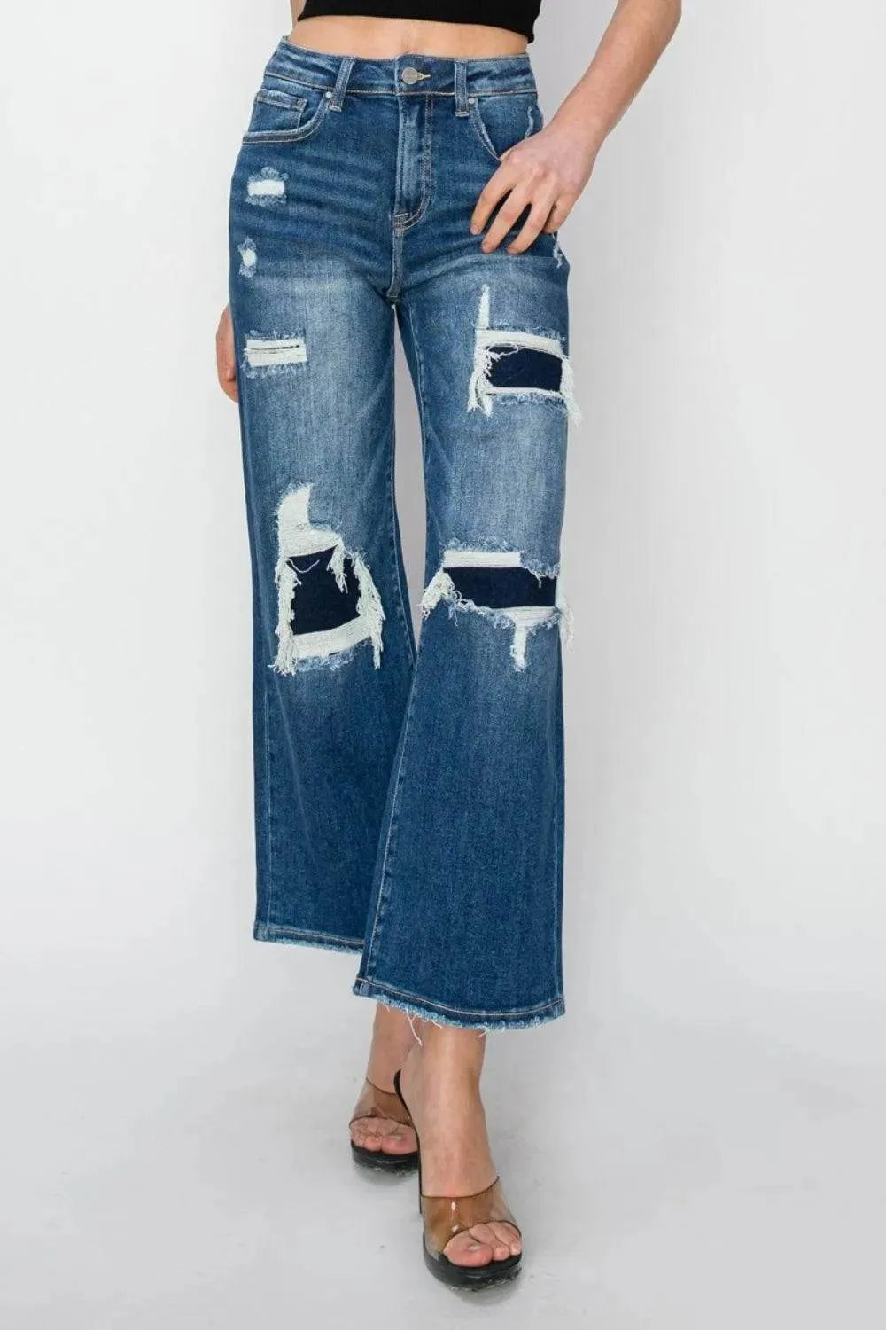 Risen Full Size High Rise Patch Detailed Wide Leg Crop Jeans - Bona Fide Fashion