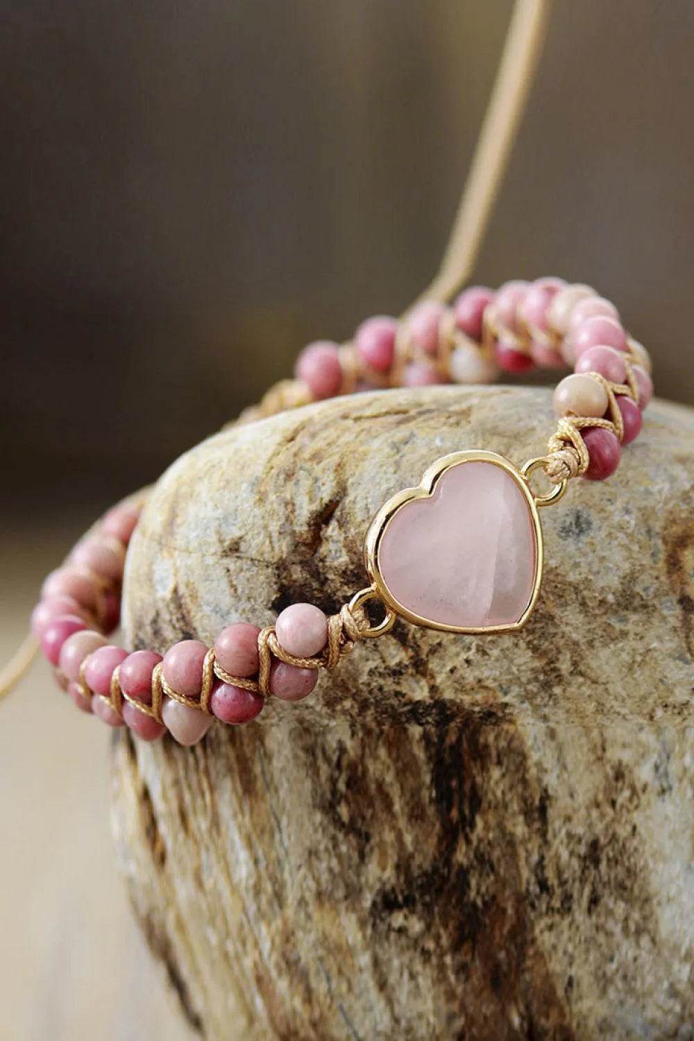 Rose Quartz Heart Beaded Bracelet - Bona Fide Fashion