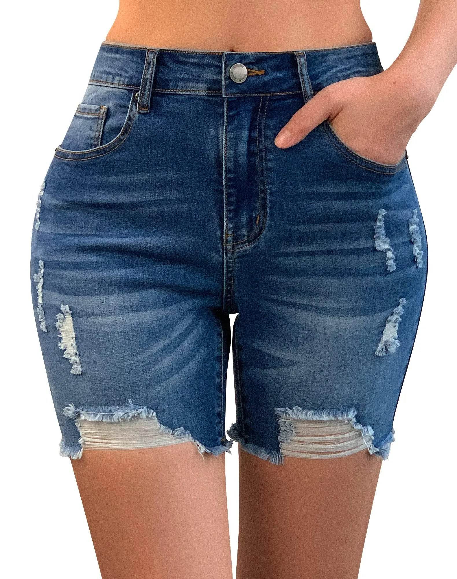 roswear Women’s Casual Summer Ripped High Waisted Denim Shorts Stretch Distressed Frayed Raw Hem Jean Shorts Blue Medium - Bona Fide Fashion
