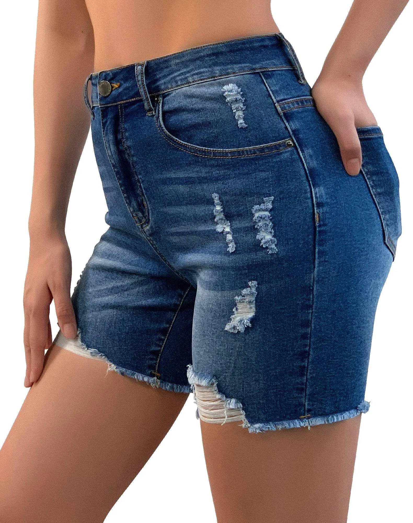 roswear Women’s Casual Summer Ripped High Waisted Denim Shorts Stretch Distressed Frayed Raw Hem Jean Shorts Blue Medium - Bona Fide Fashion