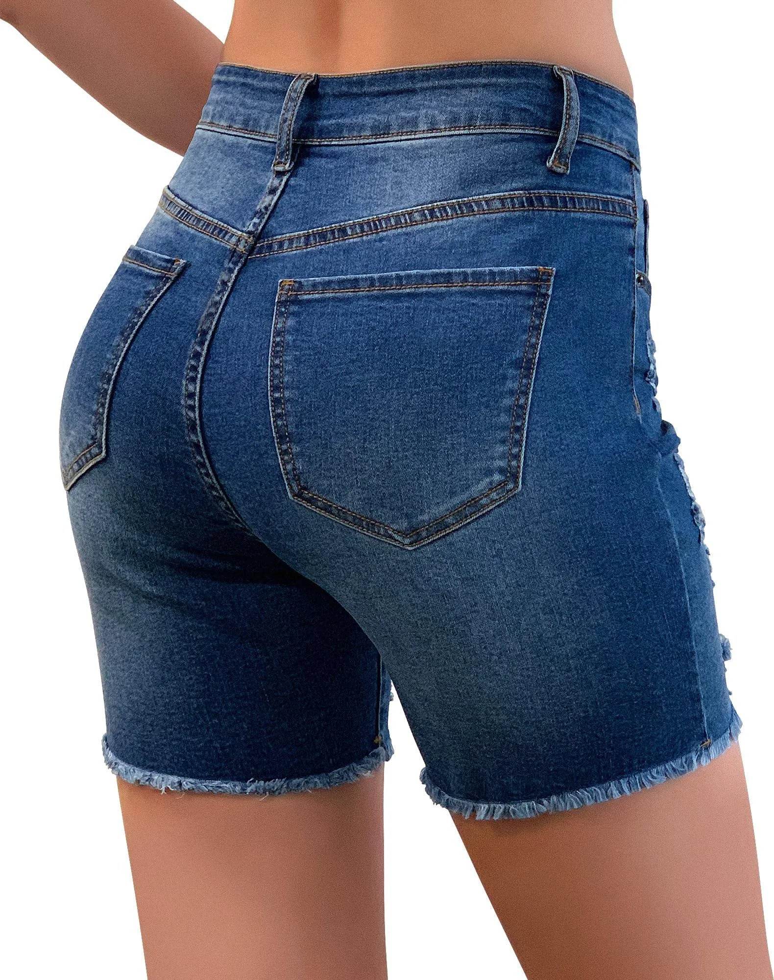 roswear Women’s Casual Summer Ripped High Waisted Denim Shorts Stretch Distressed Frayed Raw Hem Jean Shorts Blue Medium - Bona Fide Fashion