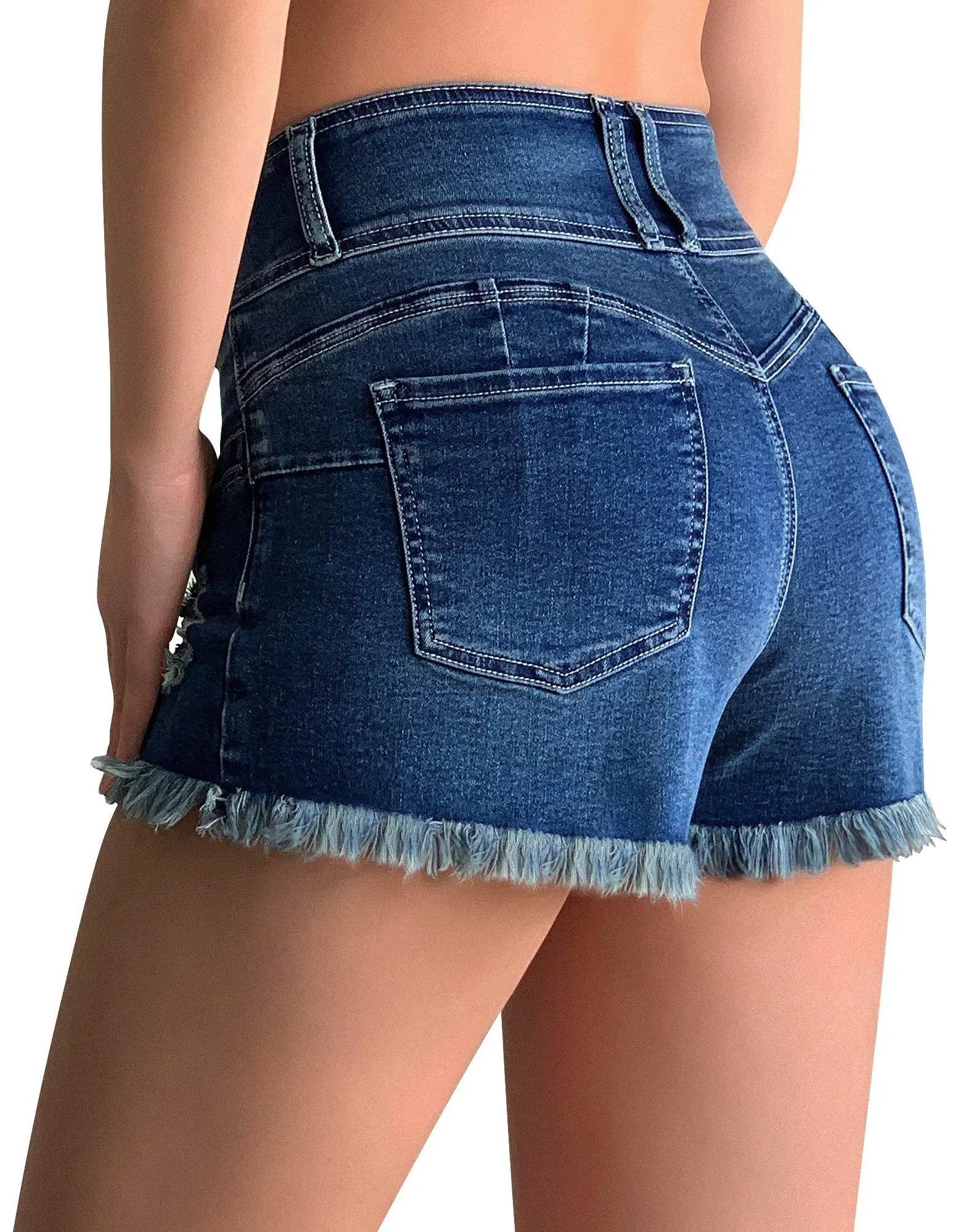 roswear Women’s High Waisted Ripped Jeans Shorts Casual Frayed Raw Hem Stretch Distressed Denim Shorts with Pockets Blue X-Large - Bona Fide Fashion