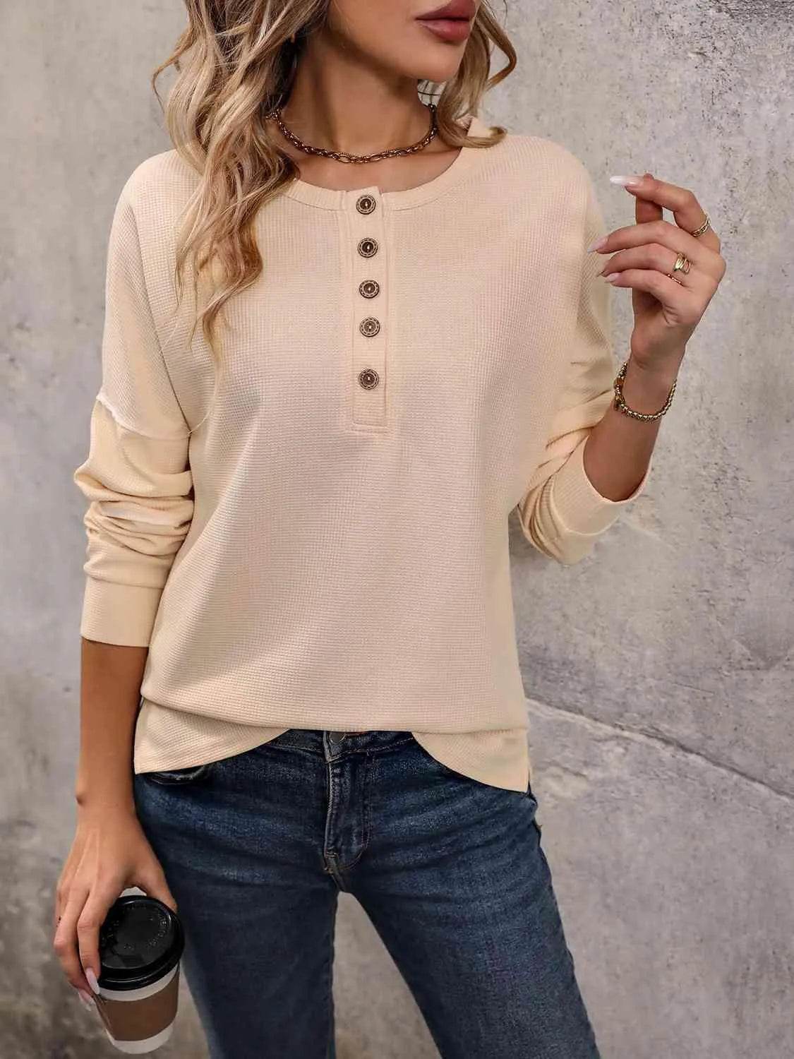 Round Neck Buttoned Slit Long Sleeve Top - Bona Fide Fashion