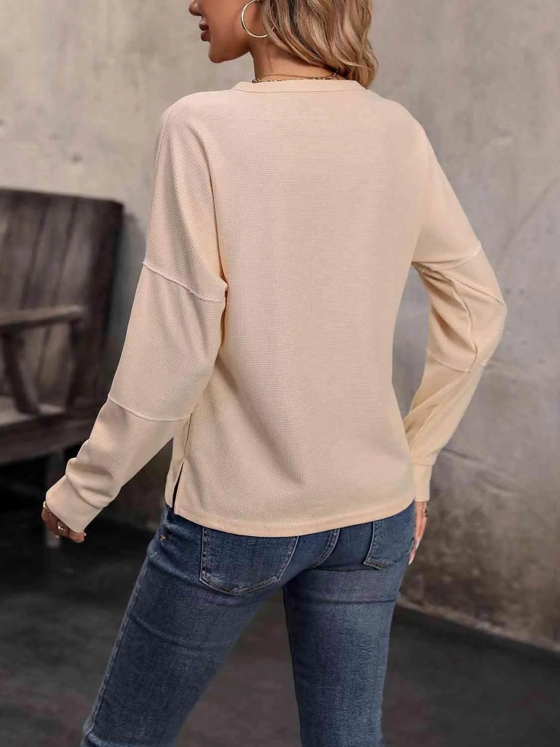 Round Neck Buttoned Slit Long Sleeve Top - Bona Fide Fashion