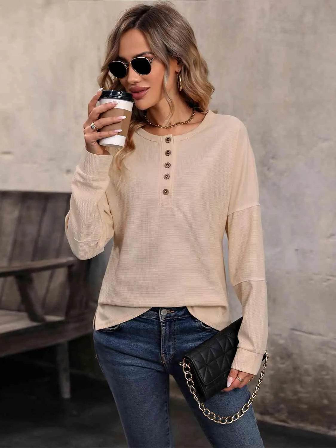 Round Neck Buttoned Slit Long Sleeve Top - Bona Fide Fashion