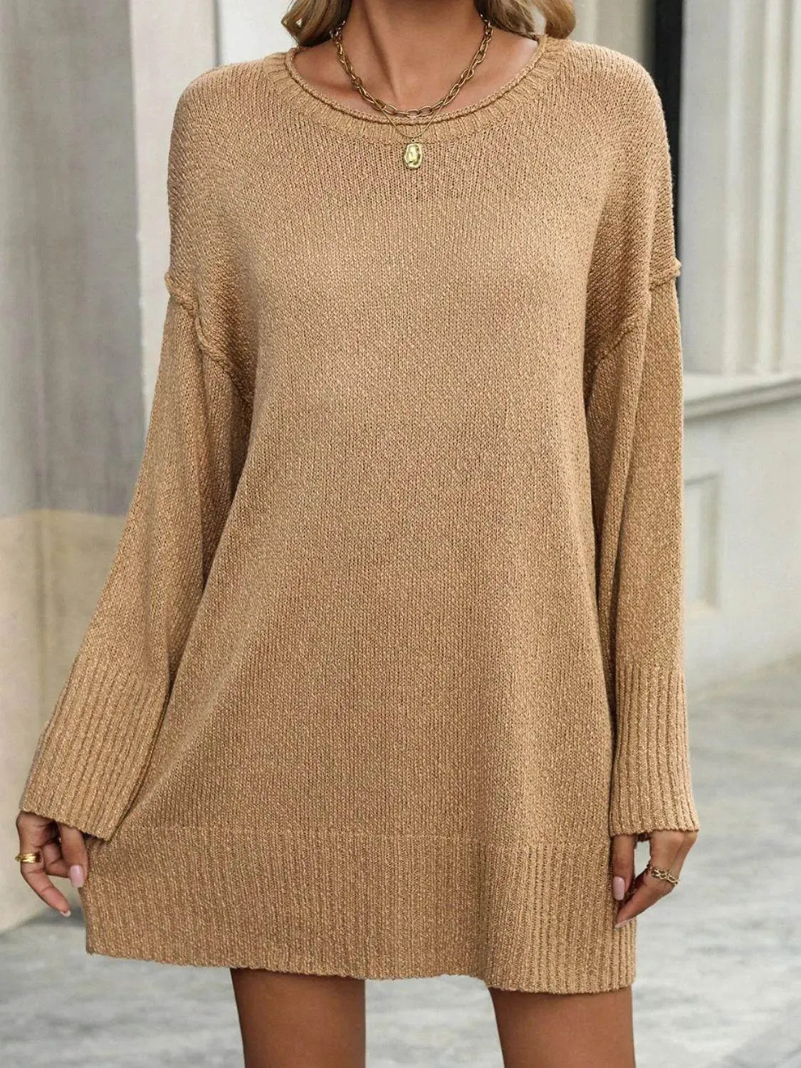 Round Neck Dropped Shoulder Sweater - Bona Fide Fashion