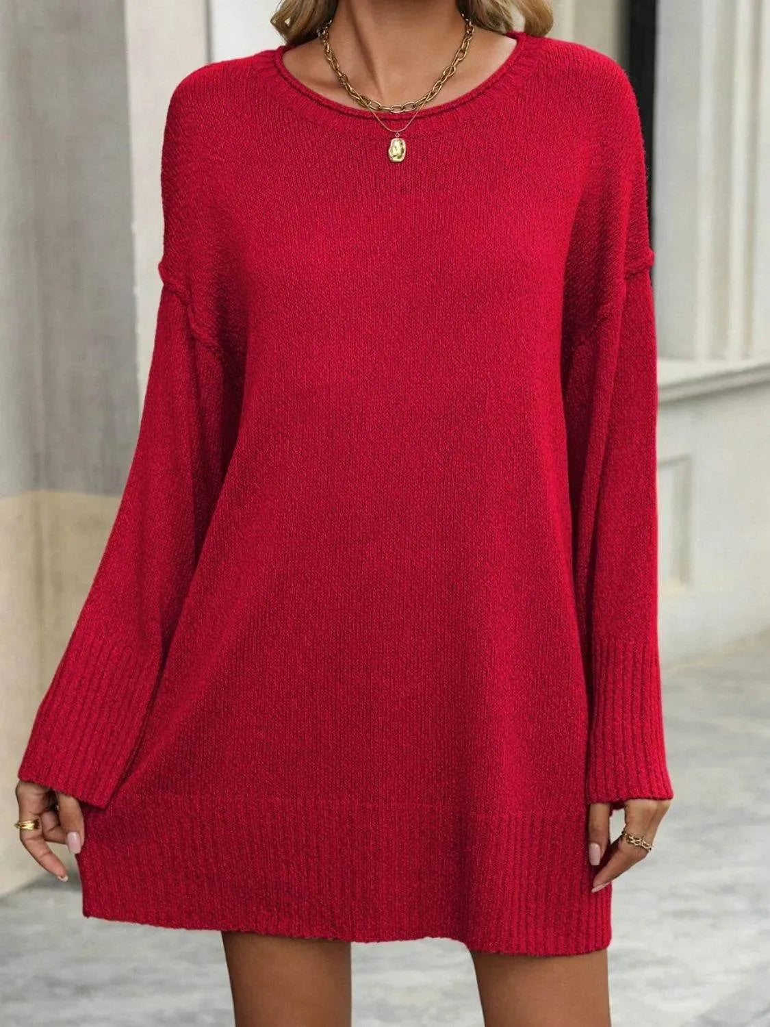 Round Neck Dropped Shoulder Sweater - Bona Fide Fashion