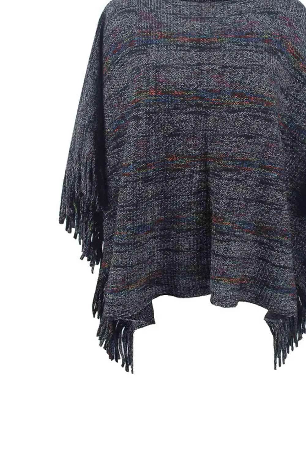 Round Neck Fringe Detail Sleeve Poncho - Bona Fide Fashion