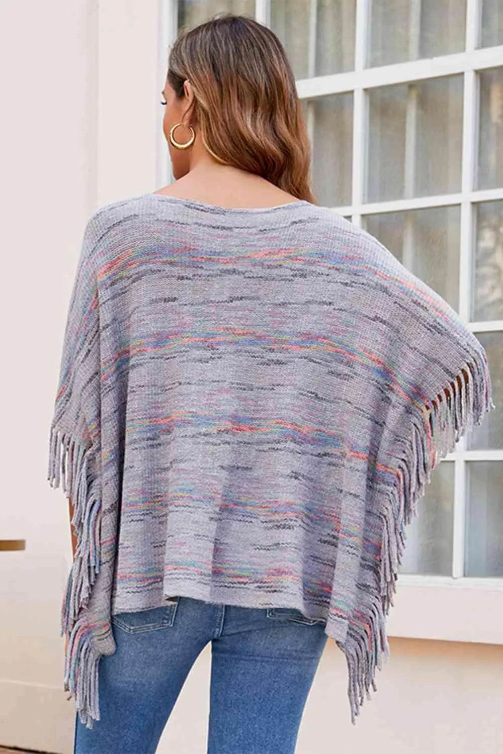Round Neck Fringe Detail Sleeve Poncho - Bona Fide Fashion