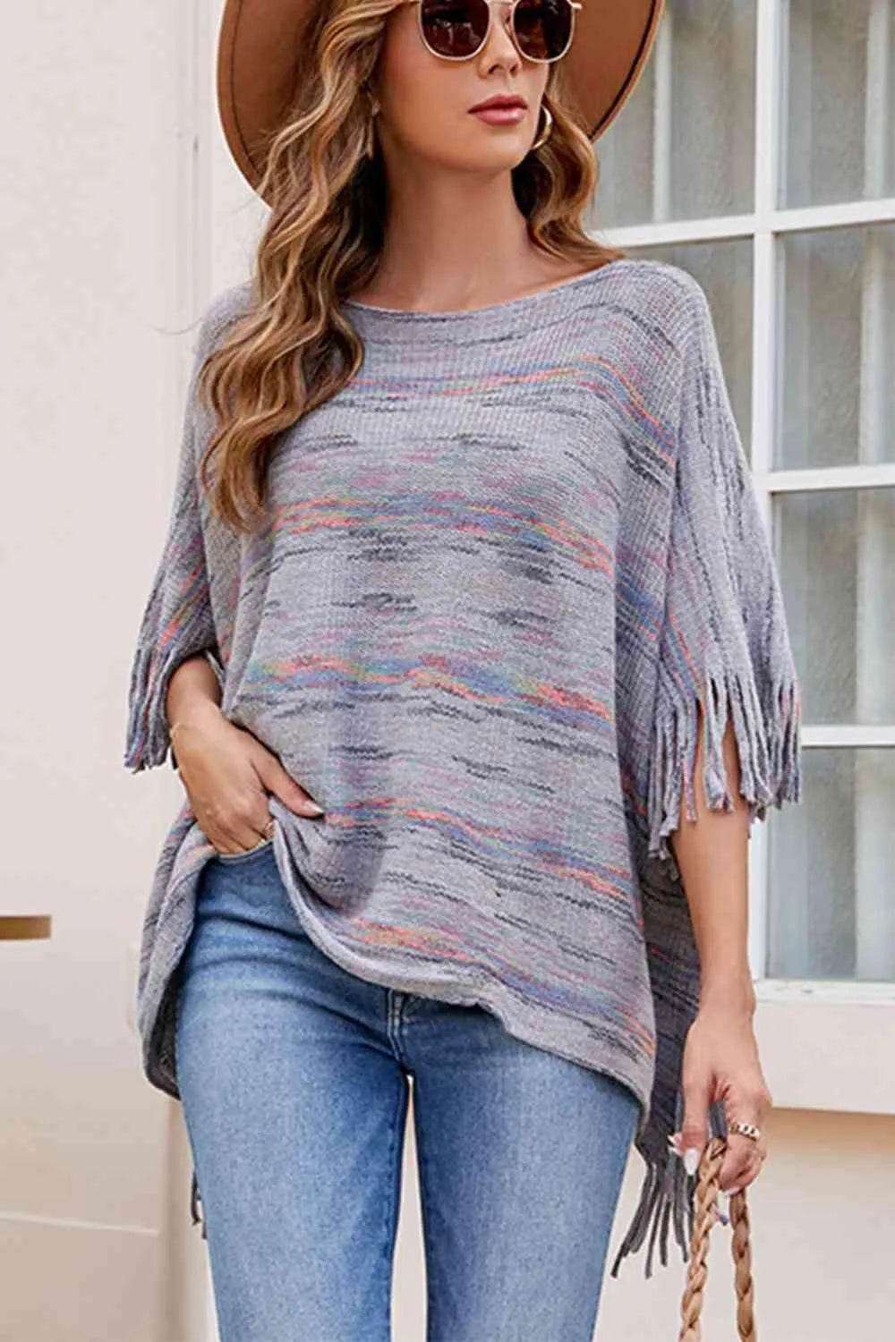 Round Neck Fringe Detail Sleeve Poncho - Bona Fide Fashion