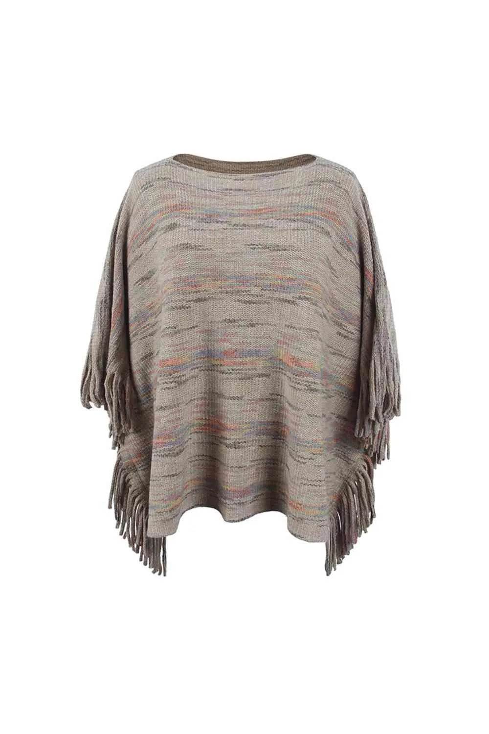 Round Neck Fringe Detail Sleeve Poncho - Bona Fide Fashion