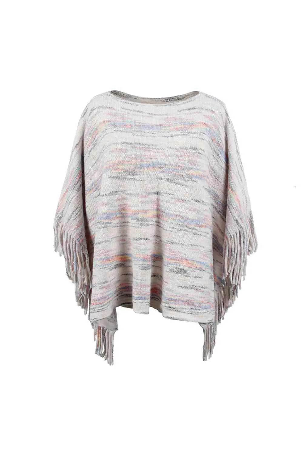 Round Neck Fringe Detail Sleeve Poncho - Bona Fide Fashion