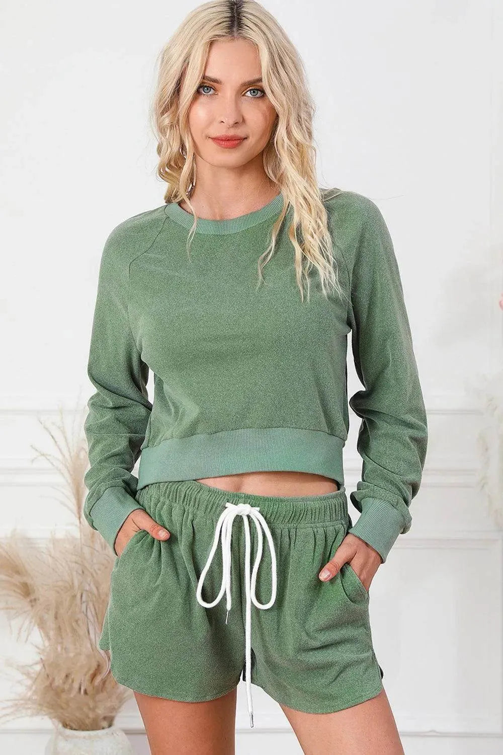 Round Neck Long Sleeve Top and Drawstring Shorts Lounge Set - Bona Fide Fashion