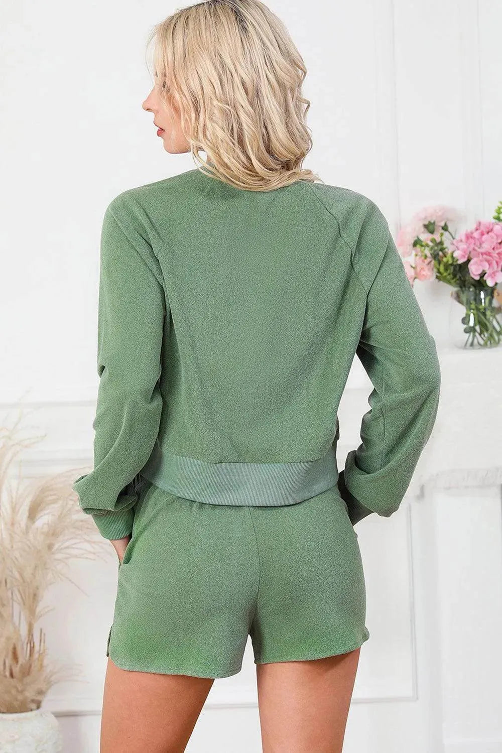 Round Neck Long Sleeve Top and Drawstring Shorts Lounge Set - Bona Fide Fashion