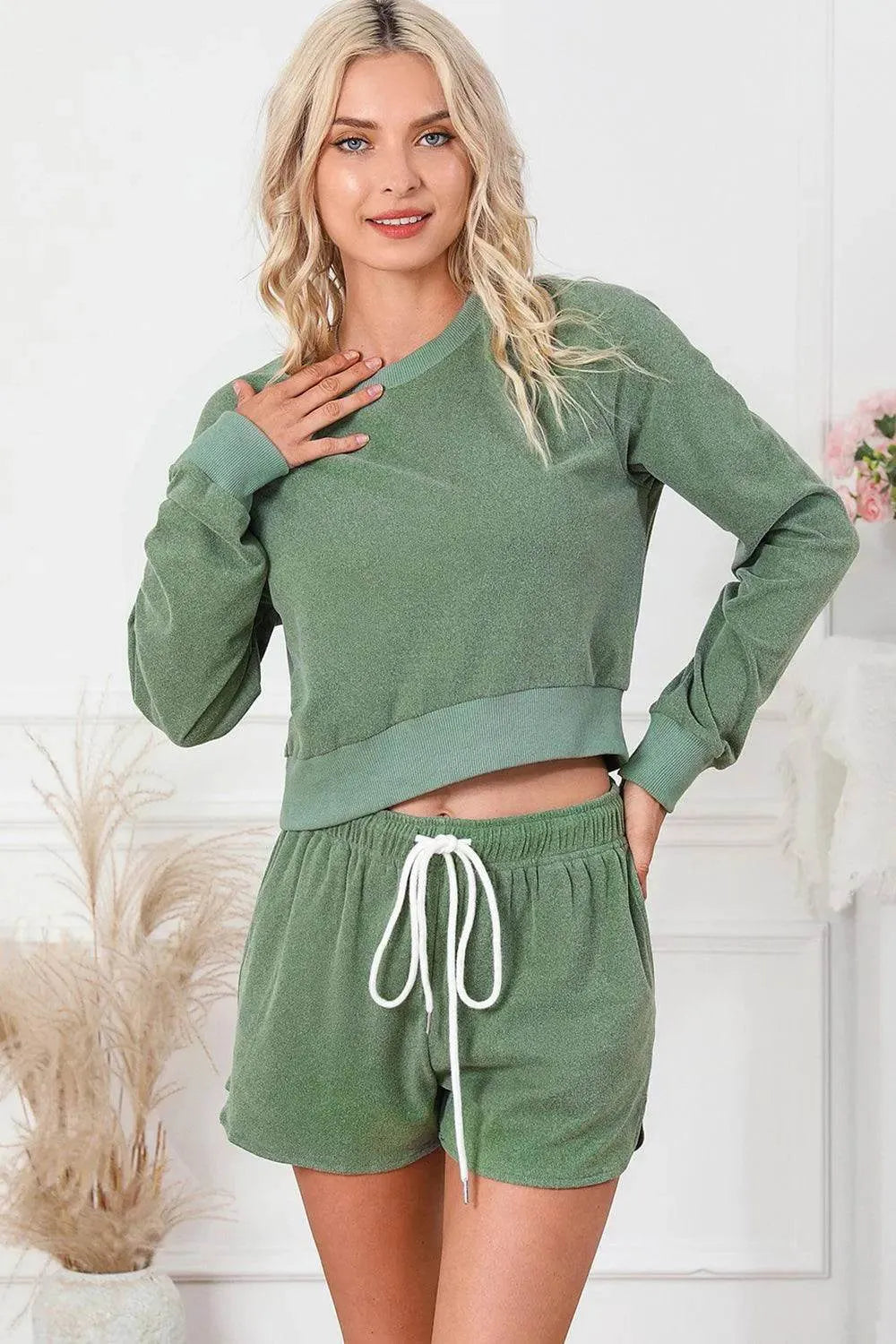 Round Neck Long Sleeve Top and Drawstring Shorts Lounge Set - Bona Fide Fashion