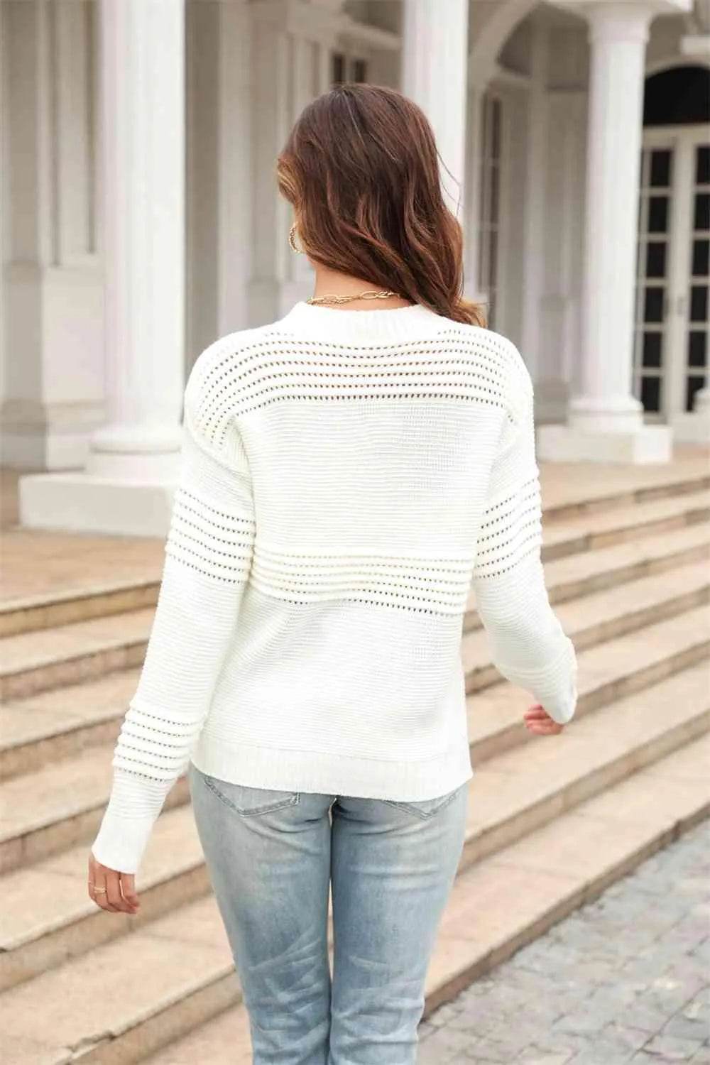 Round Neck Openwork Long Sleeve Pullover Sweater - Bona Fide Fashion