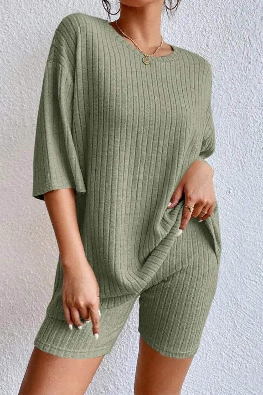 Round Neck Ribbed Top and Shorts Lounge Set - Bona Fide Fashion