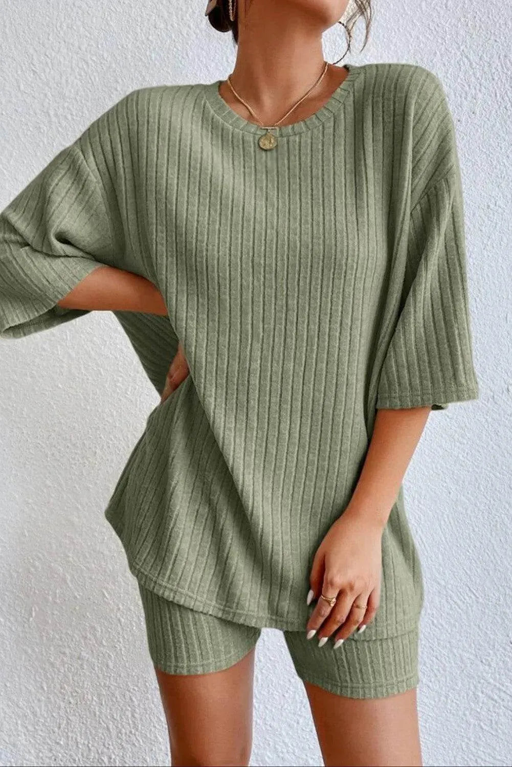 Round Neck Ribbed Top and Shorts Lounge Set - Bona Fide Fashion