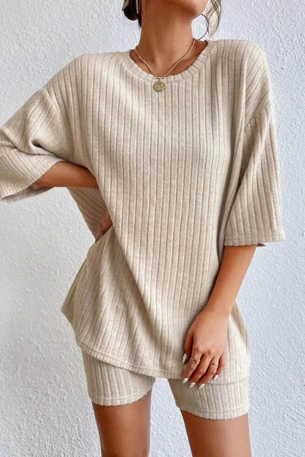 Round Neck Ribbed Top and Shorts Lounge Set - Bona Fide Fashion