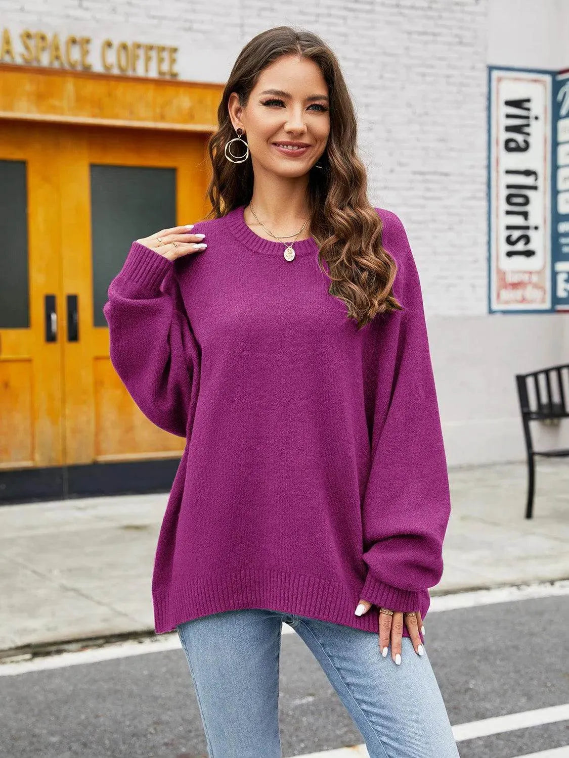 Round Neck Ribbed Trim Sweater - Bona Fide Fashion