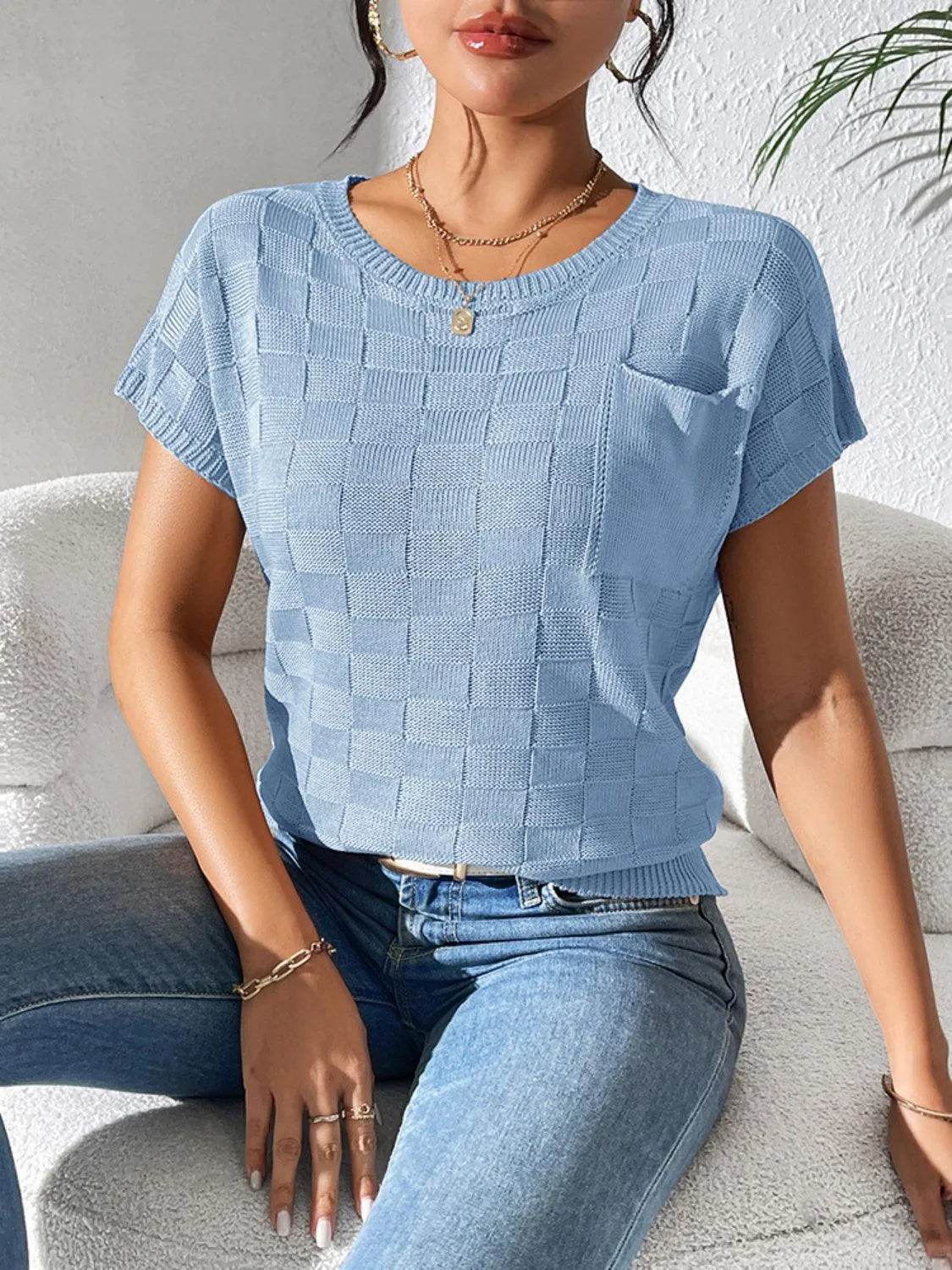 Round Neck Short Sleeve Knit Top - Bona Fide Fashion