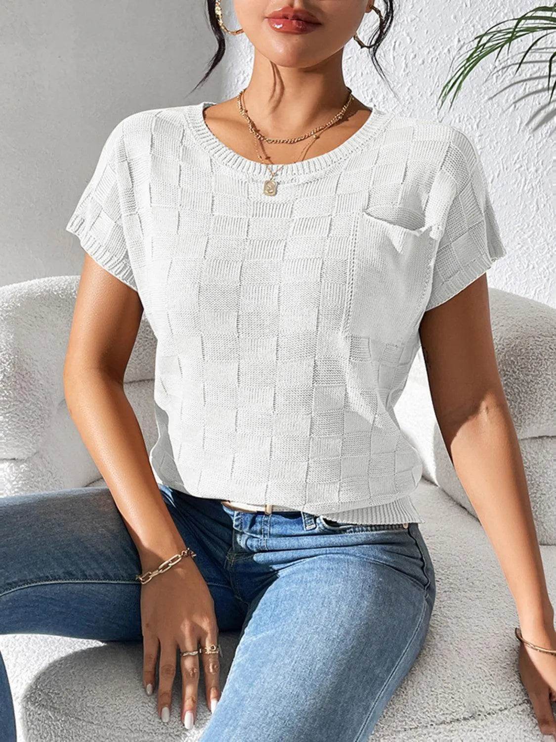 Round Neck Short Sleeve Knit Top - Bona Fide Fashion
