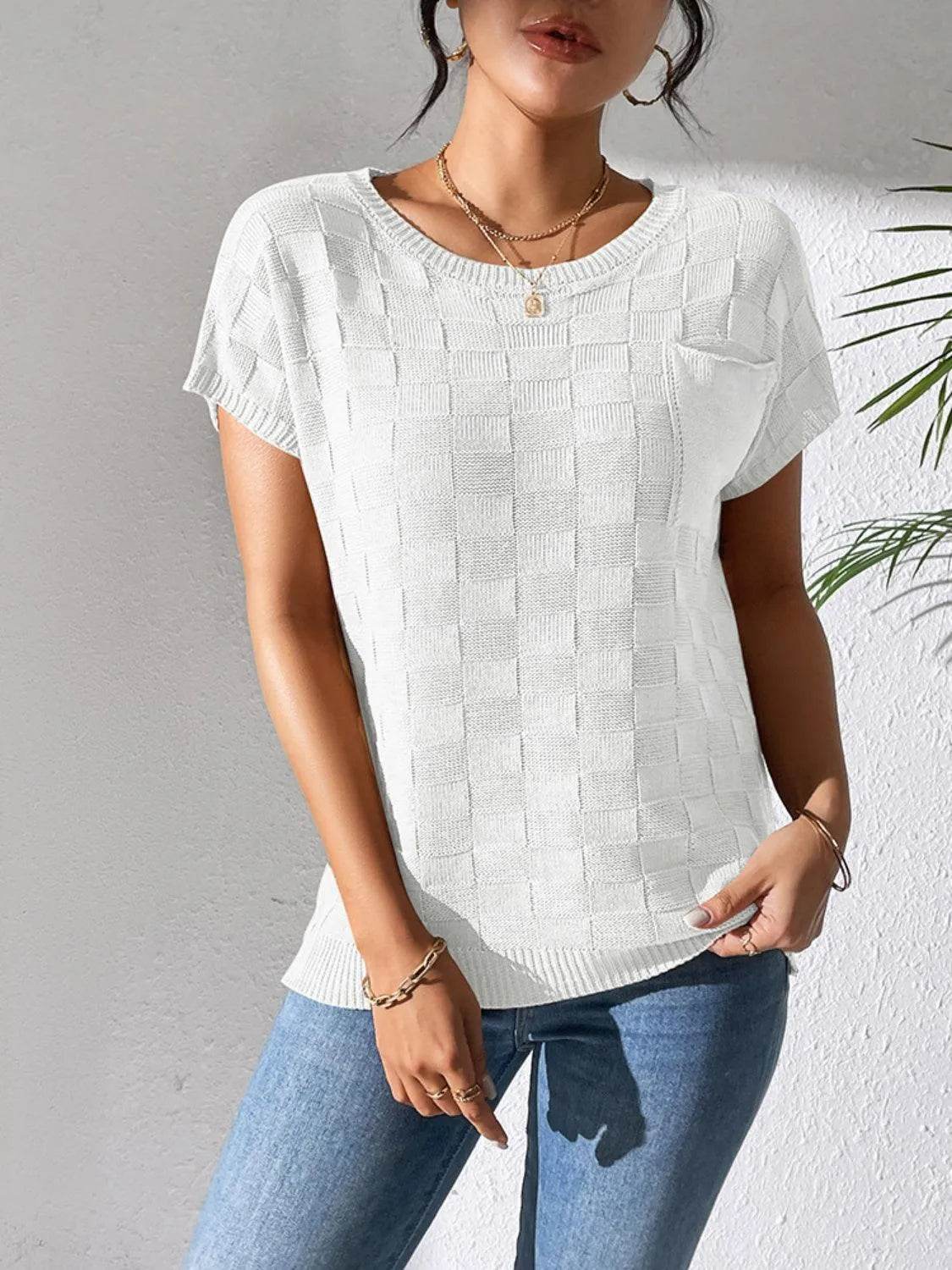 Round Neck Short Sleeve Knit Top - Bona Fide Fashion