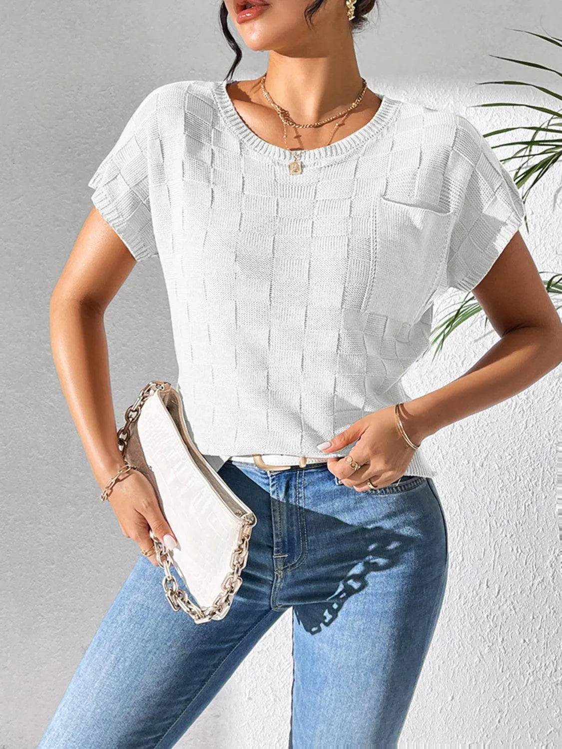 Round Neck Short Sleeve Knit Top - Bona Fide Fashion