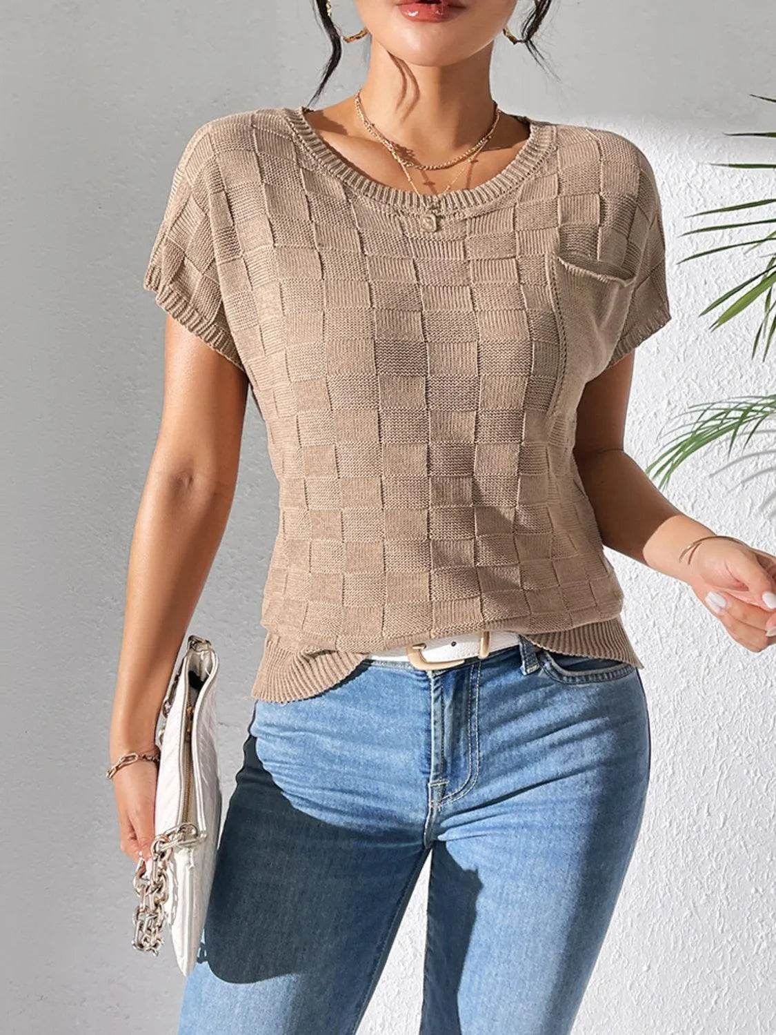 Round Neck Short Sleeve Knit Top - Bona Fide Fashion