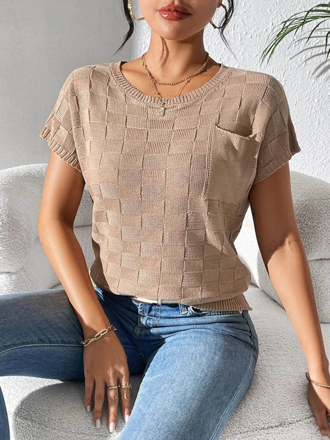 Round Neck Short Sleeve Knit Top - Bona Fide Fashion