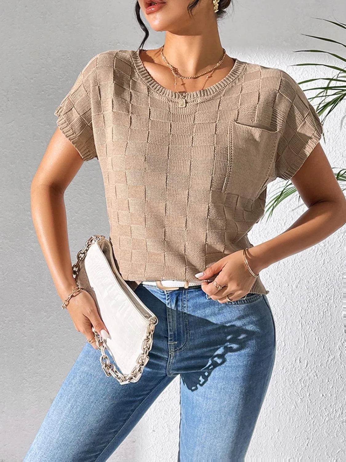 Round Neck Short Sleeve Knit Top - Bona Fide Fashion