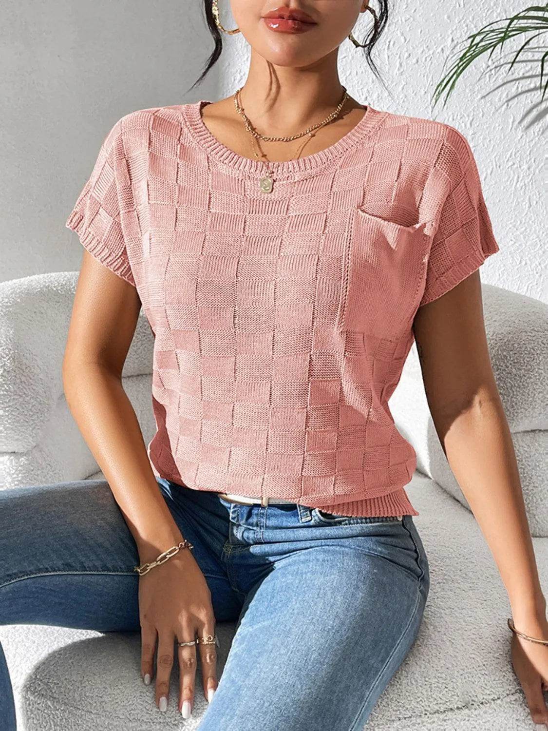 Round Neck Short Sleeve Knit Top - Bona Fide Fashion