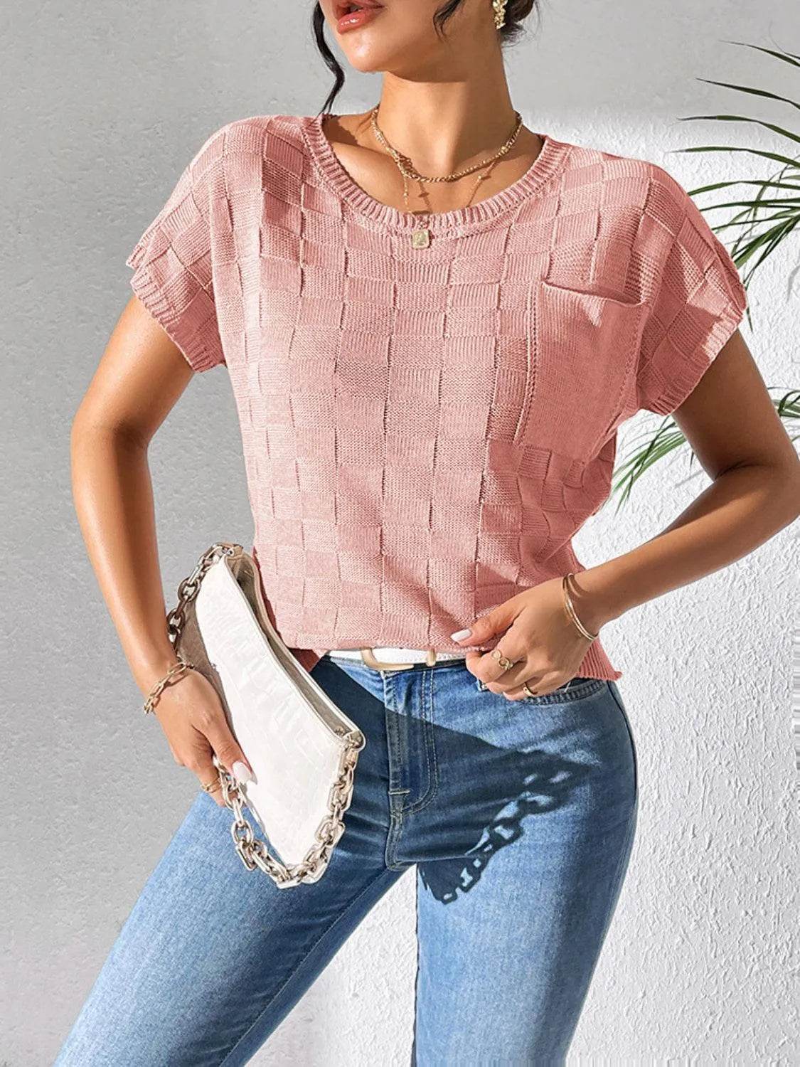 Round Neck Short Sleeve Knit Top - Bona Fide Fashion