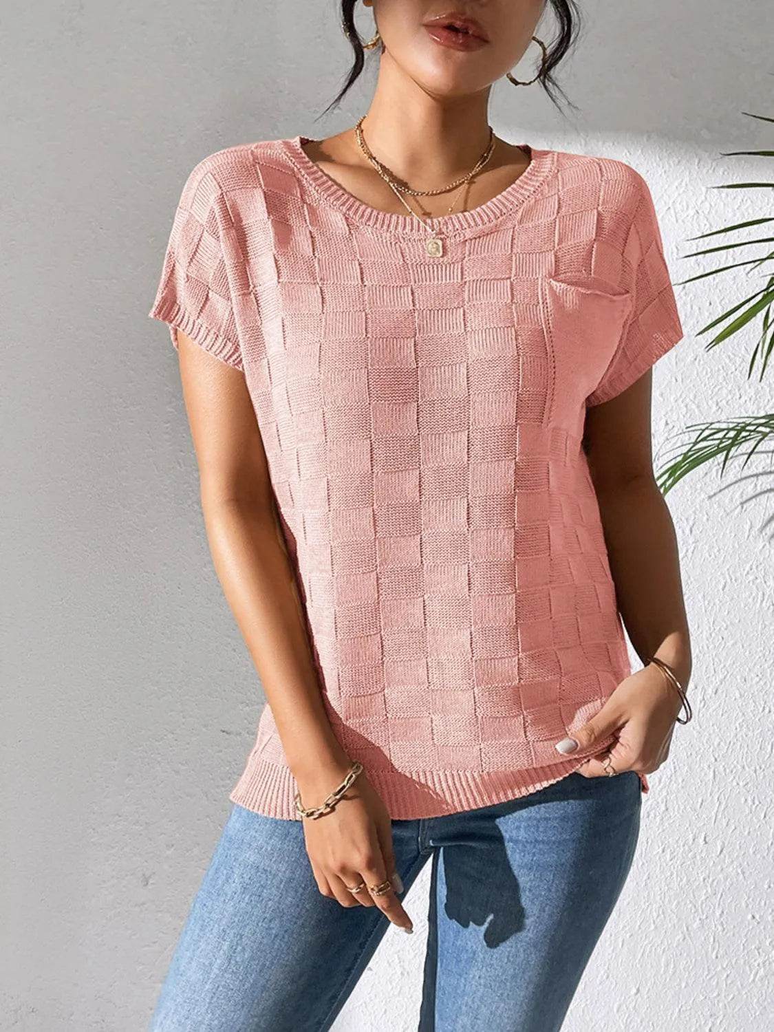 Round Neck Short Sleeve Knit Top - Bona Fide Fashion