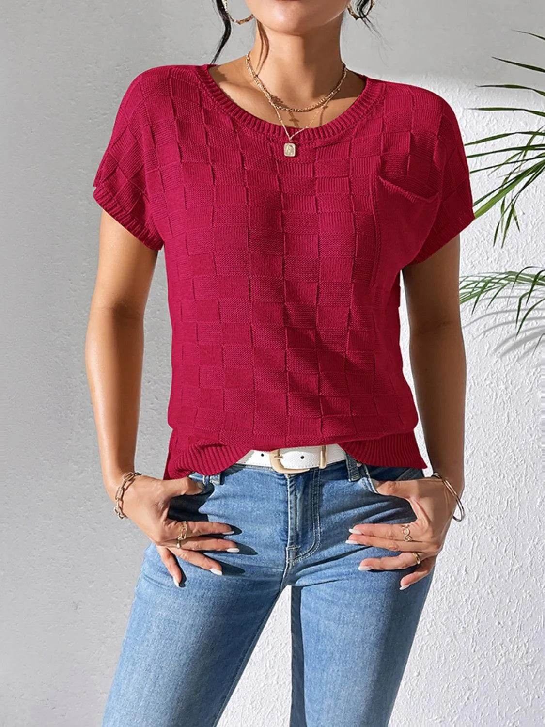 Round Neck Short Sleeve Knit Top - Bona Fide Fashion